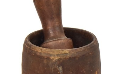 Early Turned Wood Mortar & Pestle with Original Paint
