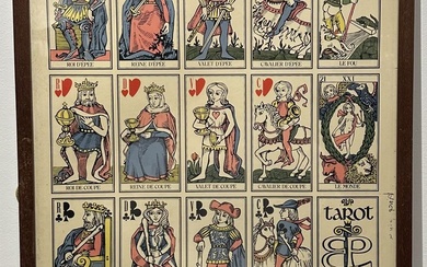 Edouard PASTOR. Tarot. Suite de trois lithographies dont deux en couleurs à sujet de cartes...