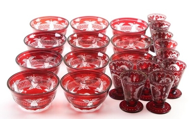 Egermann Style Ruby Etched to Clear Glasses and Dessert Bowls