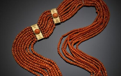 Eight strand orange coral faceted bead necklace with 9K
