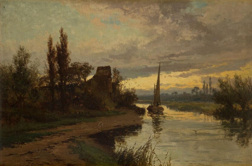 European School, late 19th century- A wooded river landscape with a sailing boat; oil on canvas, indistinctly signed (lower left), 61 x 91.2 cm. Provenance: Private Collection, UK.