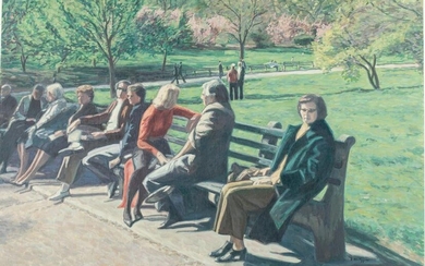 Evelyn Metzger, Central Park Benches, Oil on Board