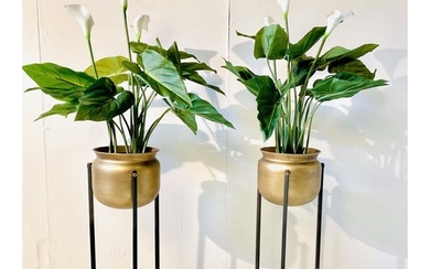 FAUX PEACE LILLIES, a pair, in gilt metal planters, 110cm H ...