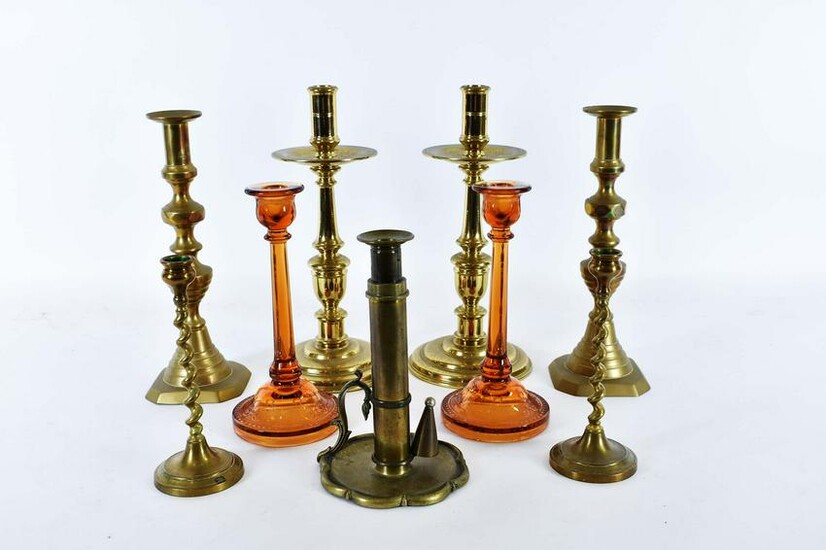 FOUR PAIRS OF VARIED CANDLESTICKS AND ANOTHER