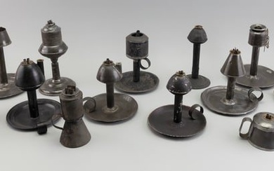 FOURTEEN ASSORTED TIN LAMPS, MOSTLY WHALE OIL 19th Century Heights from 3" to 9".