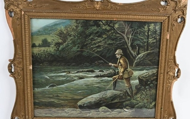 FRAMED 19TH CENTURY FISHING COLOR LITHO PRINT