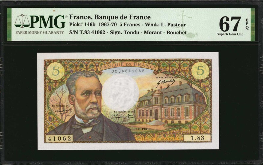 FRANCE. Lot of (2). Banque de France. 5 Francs, 1967-70. P-146b. Consecutive. PMG Superb Gem Uncirculated 67 EPQ.