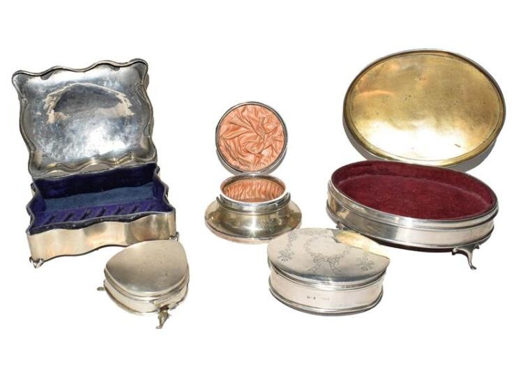 Five various silver jewellery boxes, variously shaped (5)