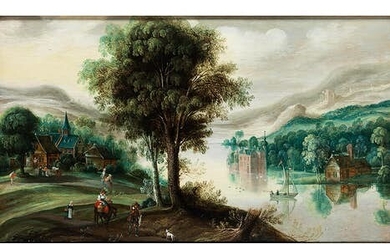 Flämischer Maler des beginnenden 17. Jahrhunderts unter dem Einfluss von Joos de Momper d. J. (1564 – 1635), WEITE LANDSCHAFT MIT FLUSSLAUF, WASSERSCHLOSS, BAUERNDORF UND FIGURENSTAFFAGE