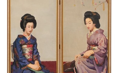 Folding screen - Wood - Canvas but still contrasting colors - Tadao Morishima (1908-1972) - Rare & nice oil (!) painting of 2 Bijinga, beautiful ladies, on a 2 panel screen by Tadao Morishima- Japan - ca 1930-40 (Early Showa period)