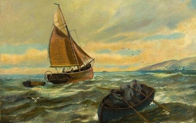 Follower of Charles Napier Hemy, RA, RWS, British 1841-1917- Fishing boats off a shore; oils on canvas, each signed with initials 'M.P.', each 76 x 64 cm., two (2).