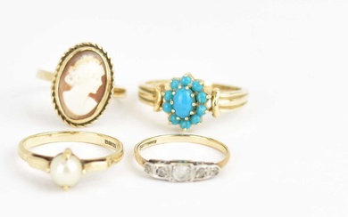 Four 9ct gold dress rings comprising cameo, size L, blue...