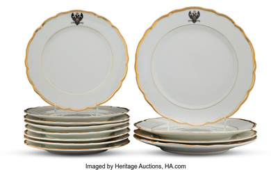 Four Kuznetsov Porcelain Dinner Plates and Eight Luncheon Plates from the General Admiral Grand Duke Konstantin Nikolaievich or “Naval Ministry” Service