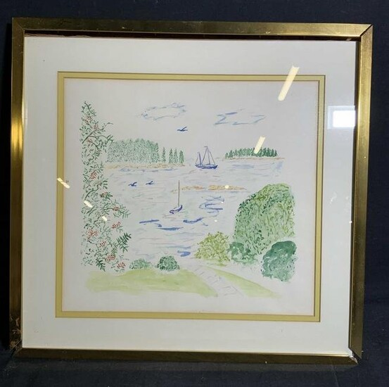 Framed Watercolor Seascape with Flying Birds