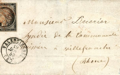 France 1849 - Very rare Ceres 20 centimes black, red grid cancellation on letter - Yvert 3