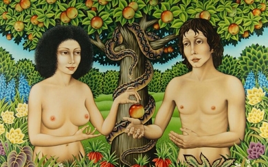 Fred Aris, British 1932-1995- Adam and Eve; oil on board, signed lower left, 65.5 x 90.5 cm (ARR)