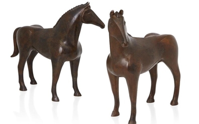 Freda Skinner (1911-1993), Near pair of stylised horse sculptures, 1941, Bronze, Underside torso signed 'F. Skinner' and issue numbered 2/12 and 4/12, Each 25.5cm high. Footnote: Studied under Henry Moore at the Royal College of Art c.1928...