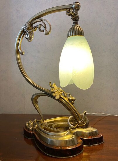 French Art Nouveau Table Lamp - Gold Plated Cast Bronze & Marble Bottom