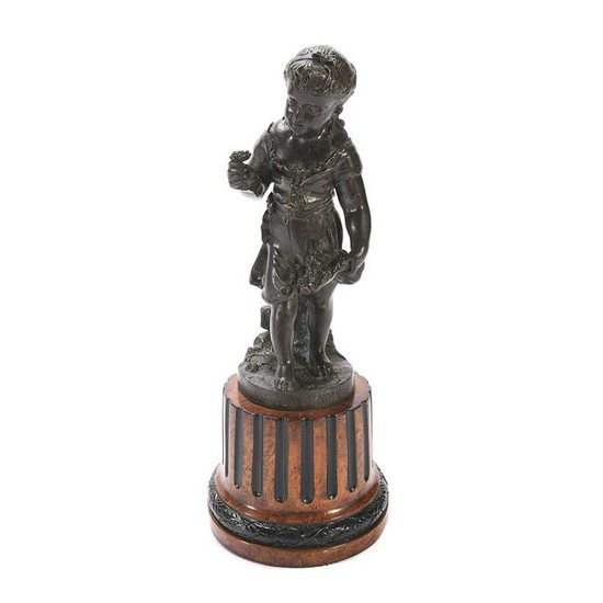 French Bronze Flower-Girl on a Burl Wood Base.