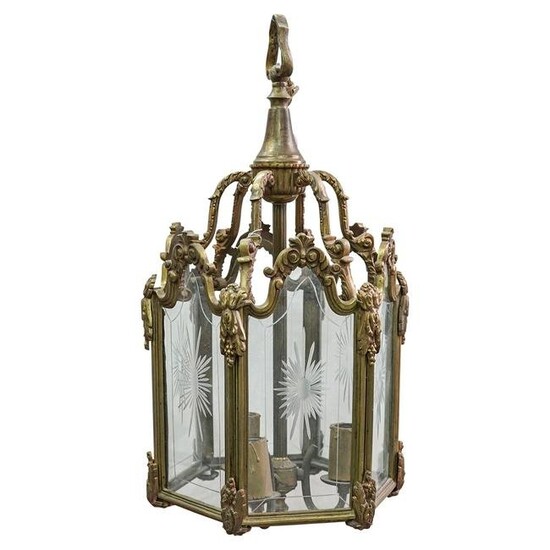 French Bronze & Cut Glass Ceiling Lantern Lamp