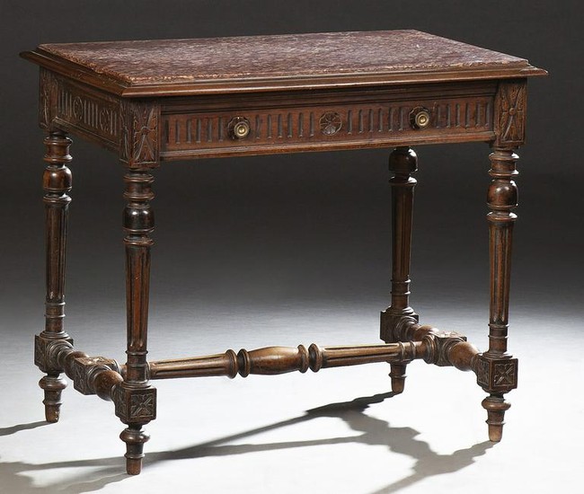 French Louis XVI Style Carved Walnut Marble Top Writing