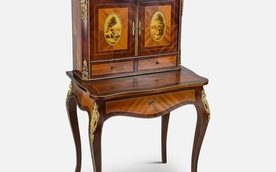 French Style Marquetry Inlaid Wood Bonheur Du Jour Writing Desk Cabinet w/Ormolu