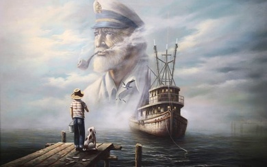 G. Fobis Large Oil Painting on Canvas - Sea Captain smoking a pipe with the boy looking out. Signed