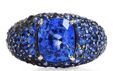 GIA Ceylon Blue Sapphire Diamond 18K Gold Pave Cluster Cocktail Ring