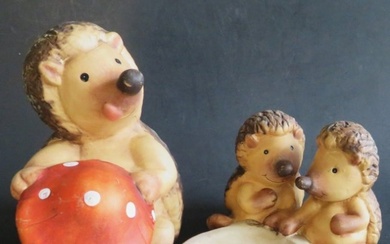 German Mid Century Set Ceramic Hedgehog Figurines with Fly Agaric, 1950s