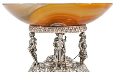 German Sterling 925 Silver and Agate Carved Oval Tazza