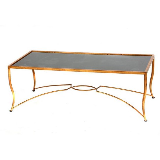 Gilt Metal Coffee Table with Inset Black Glass Top.
