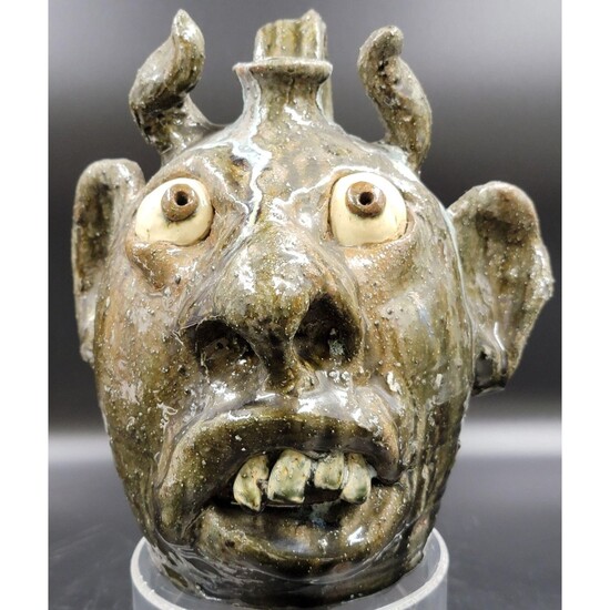 Glazed NC Pottery Devil Face Jug Artist Signed 1Of 4