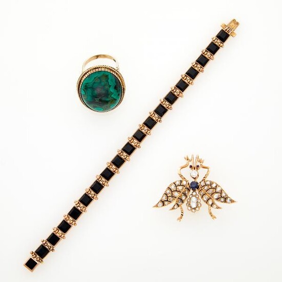 Gold, Enamel, Black Onyx, Diamond and Sapphire Insect Brooch, Bracelet and Malachite Ring