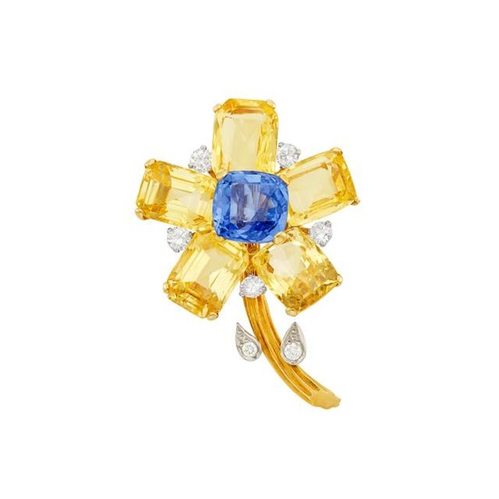 Gold, Platinum, Yellow Sapphire, Sapphire and Diamond Flower Brooch