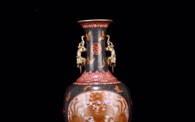 Gold-inlaid silver-alum red-painted double-handled vase with phoenix pattern, Qing Dynasty