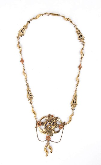 Gold mounting pendant necklace set with Mediterranean coral beads...