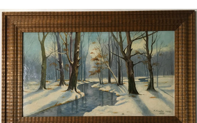 H. Franke , "Haan - Fiume in inverno" 1927, olio su cartone (cm 30x54) Firmato e datato in basso a destra. In cornice...