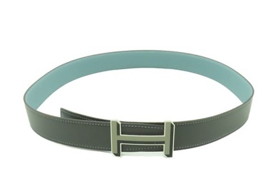 HERMES PHW Belt 85cm Leather Light Blue Grey