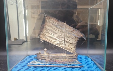Handmade Chinese Filigree Silver Sailboat In Display Case