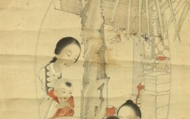 Hanging scroll - Paper - Ancient Chinese beauty & boy in an opened house - Japan - 18th - 19th century