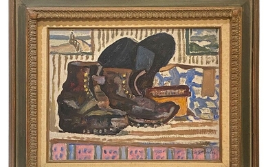 Henri de SAINT-DELIS (1878-1949) Nature morte aux souliers et chapeau Huile sur panneau signée en...