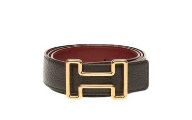 Hermès - Ceinture Reverso en cuir grainé noir et cuir box bordeaux Belt