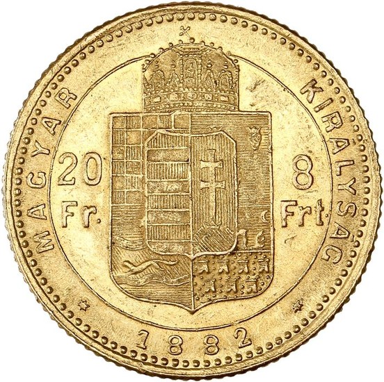 Hungary - 20 Francs/8 Forint 1882-KB Franz Joseph - Gold