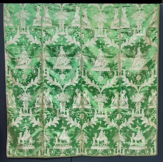 Important replica of the Four Parts of the World hanging, supplied by the merchant Michel to the Garde-meuble in 1784, rewoven by the Grand Frères factory in Lyon, first half of the 19th century, lampas edged with green satin background, silver...