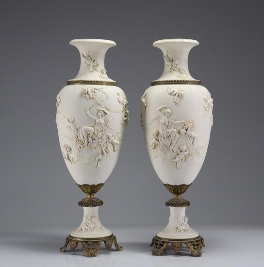 Imposing pair of vases decorated with 19th century angels