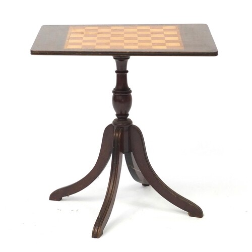 Inlaid mahogany tilt top chess table, 52cm H x 51cm W x 38cm...