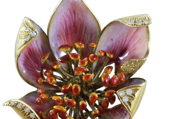Italian Enamel Diamond Gold Flower Brooch