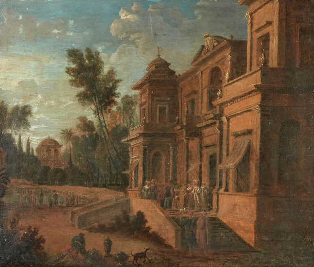 Italian School (18th Century) Figures outside of an Italian villa;...