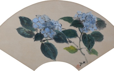 JAPANESE , FAN PAINTING OF HYDRANGEA, Ink and color on paper, possibly signed Kikuzu, 10 x 25 in. (25.4 x 63.5 cm.), Frame: 18 x 28 1/2 in. (45.7 x 72.4 cm.)