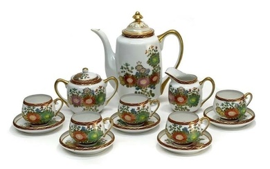Japanese Porcelain Tea Set for 5, 2nd Half 20th Century. Hand Painted Flowers